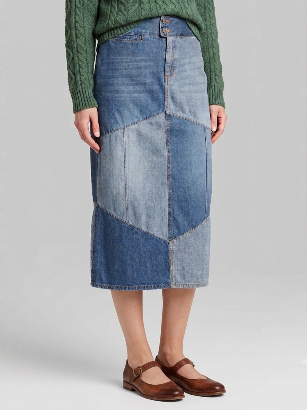 Vintage Patchwork Denim Midi Skirt Cottage core Boho Western Grunge 90s Size 8